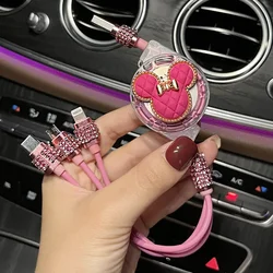 Disney Mickey Mouse Retractable 3-in-1 Data Cable Fast Charge Car Line Type-C Micro-USB Lightning for Iphone Samsung Huawei Gift