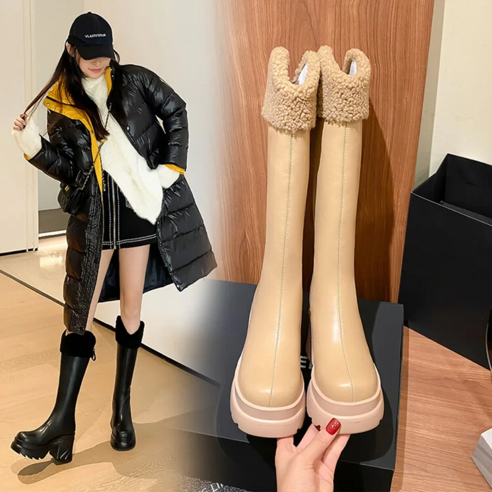 Women Snow Boots Knee High Chunky High Heels Thick Plush Winter Shoes Classic Fashion Round Toe Zip Pretty Lady Thigh High Boots