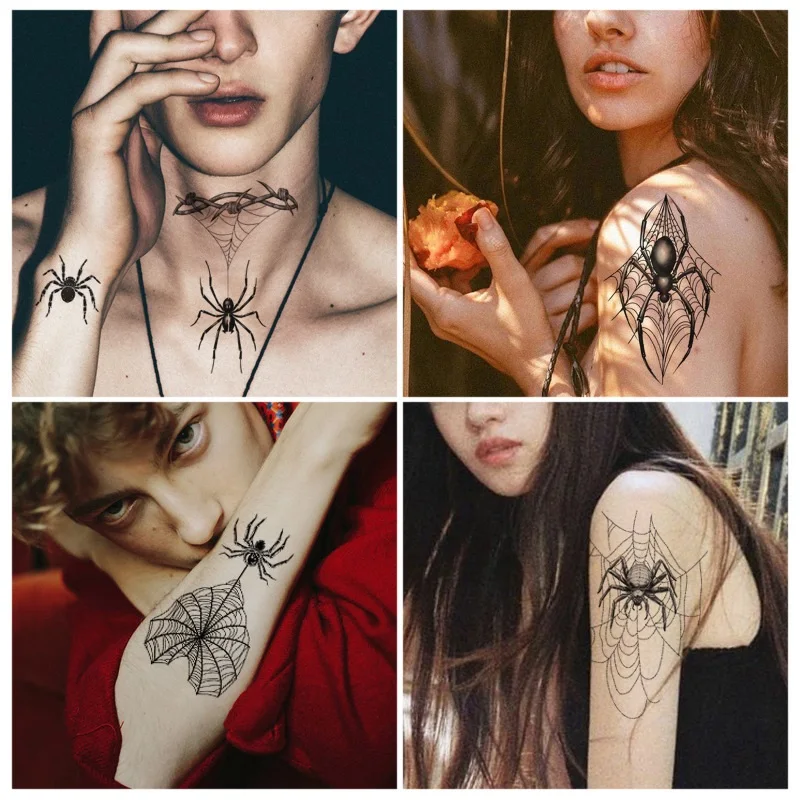 Halloween Big 3D Spiders Temporary Tattoo Black Color Cobwebs Skull Disposable Party Makeup Cool Body Art Festival Sticker