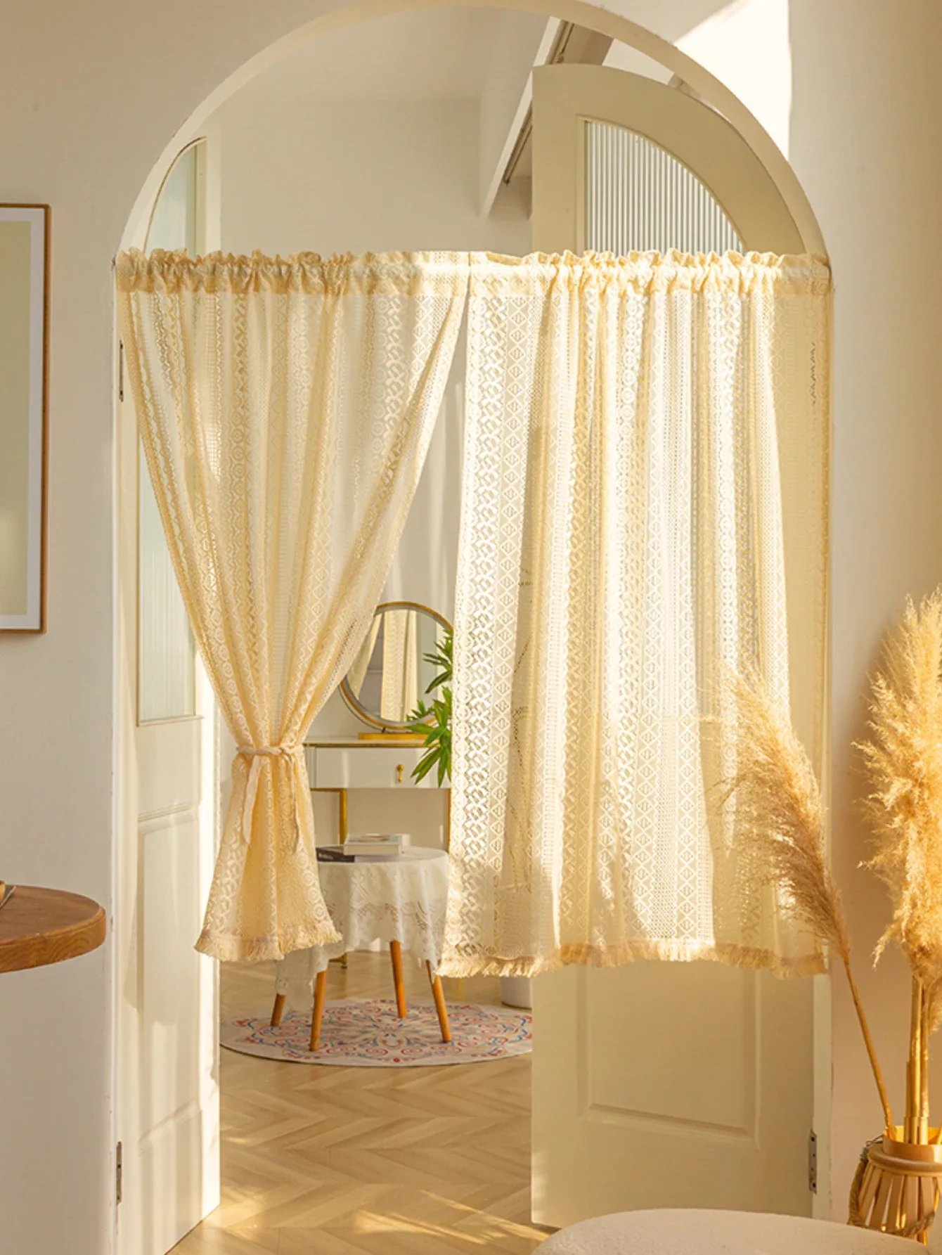 

Beige Lace Door Hollow Floating Window Short Partition Cream Retro French Half Curtain