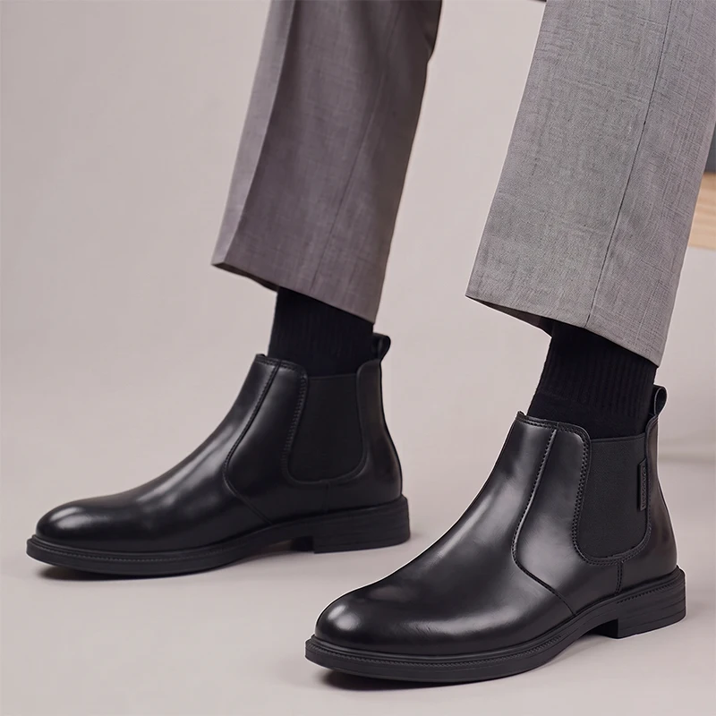 Herren Chelsea-Stiefeletten aus glattem PU-Leder, mit elastischem Bund, zum Hineinschlüpfen, niedrigem Absatz, modisch, für Business und Alltag, Herrenschuhe. – Detail 6