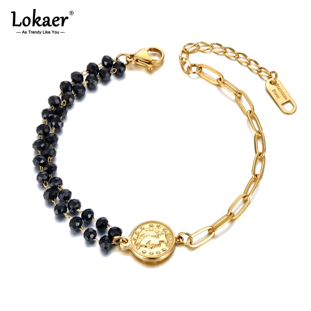 Lokaer Vintage Elizabeth Queen Coin Charm Bracelets For Women Stainless Steel Black Crystal & Pearl Chain & Link Jewelry B21030