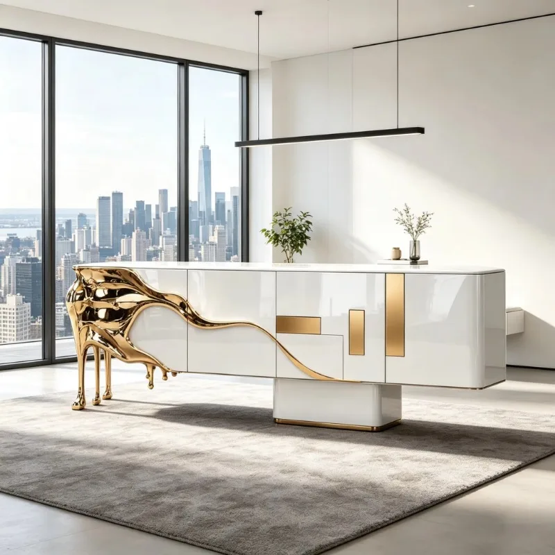 Deluxe white side ca***et with gold molten carved legs, fiberglass storage buffet ca***et for vil******ing