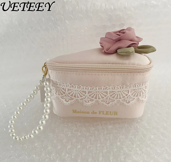 Japanese Style New Cute Three-Dimensional Rose Hand-Held Makeup Storage Bag Sweet Girl All-Matching Cosmetic Case Bags for Women image 4