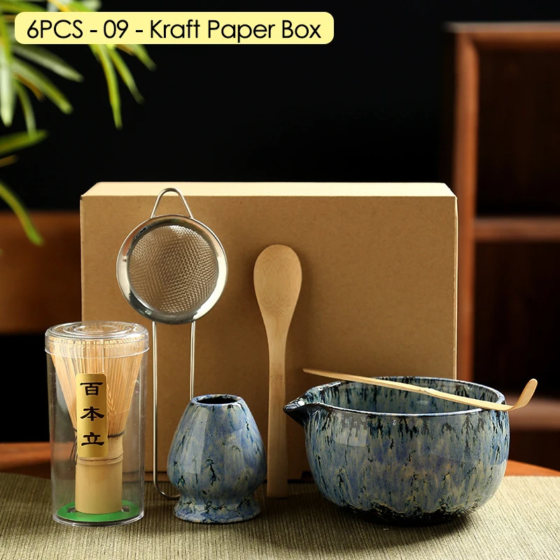 Juego de licuadora Matcha japonesa, tazón de cerámica, batidor de bambú, cucharadita, cepillo, cucharadita para beber té, herramientas para hacer té, 4/6 Uds.