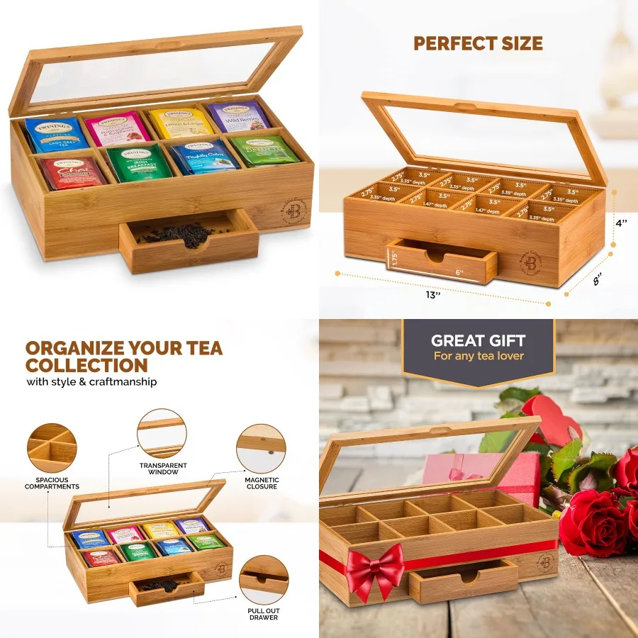 Bamboo Tea Box Storage with Drawer and Acrylic Window for Efficient Tea Bag Organization in Home Kitchen Compact Tea Organizer
