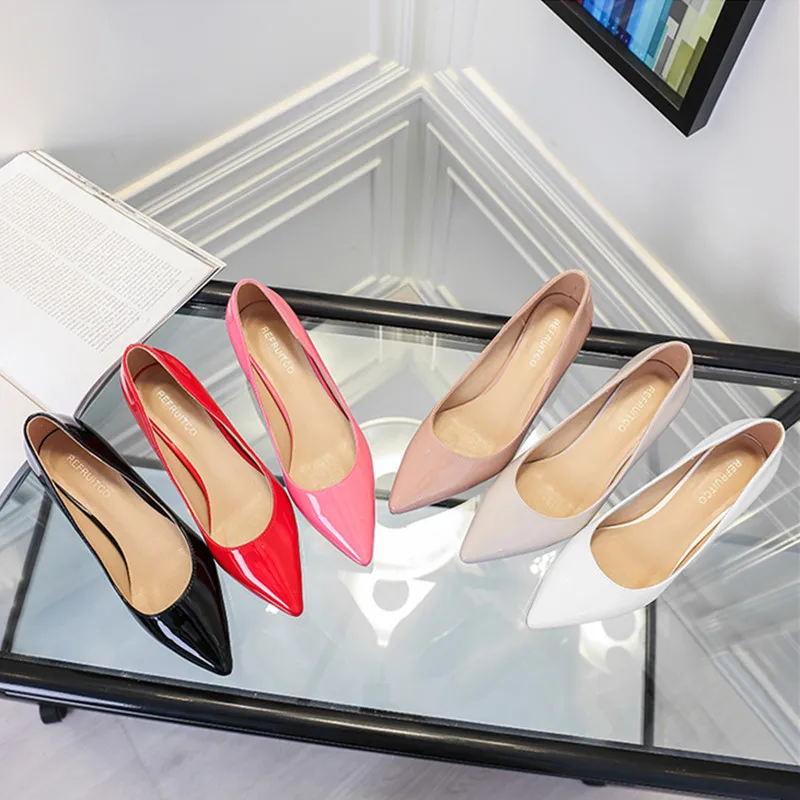 

New Low Heel Pointed Toe Patent Leather Pumps Black Women Office Work Shoes