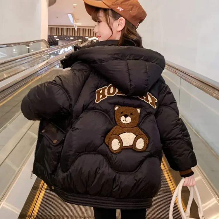 

Winter Toddler Girl Parkas Plus Velvet Thicken Warm Infant Baby Girl Snowwear Jackets Cartoon Bear Hooded Warm Little Girl Coats