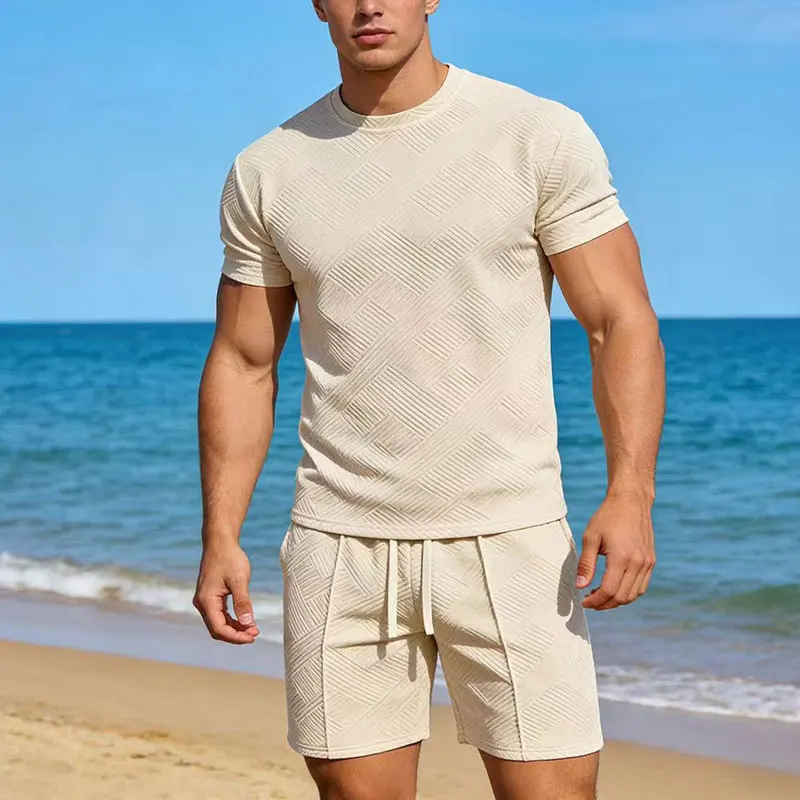 

Outfits Men's Textured Round Neck Tee Drawstring Shorts Two-Piece Set Summer Beach Vacation Casual Tracksuits T-Shirts Sets