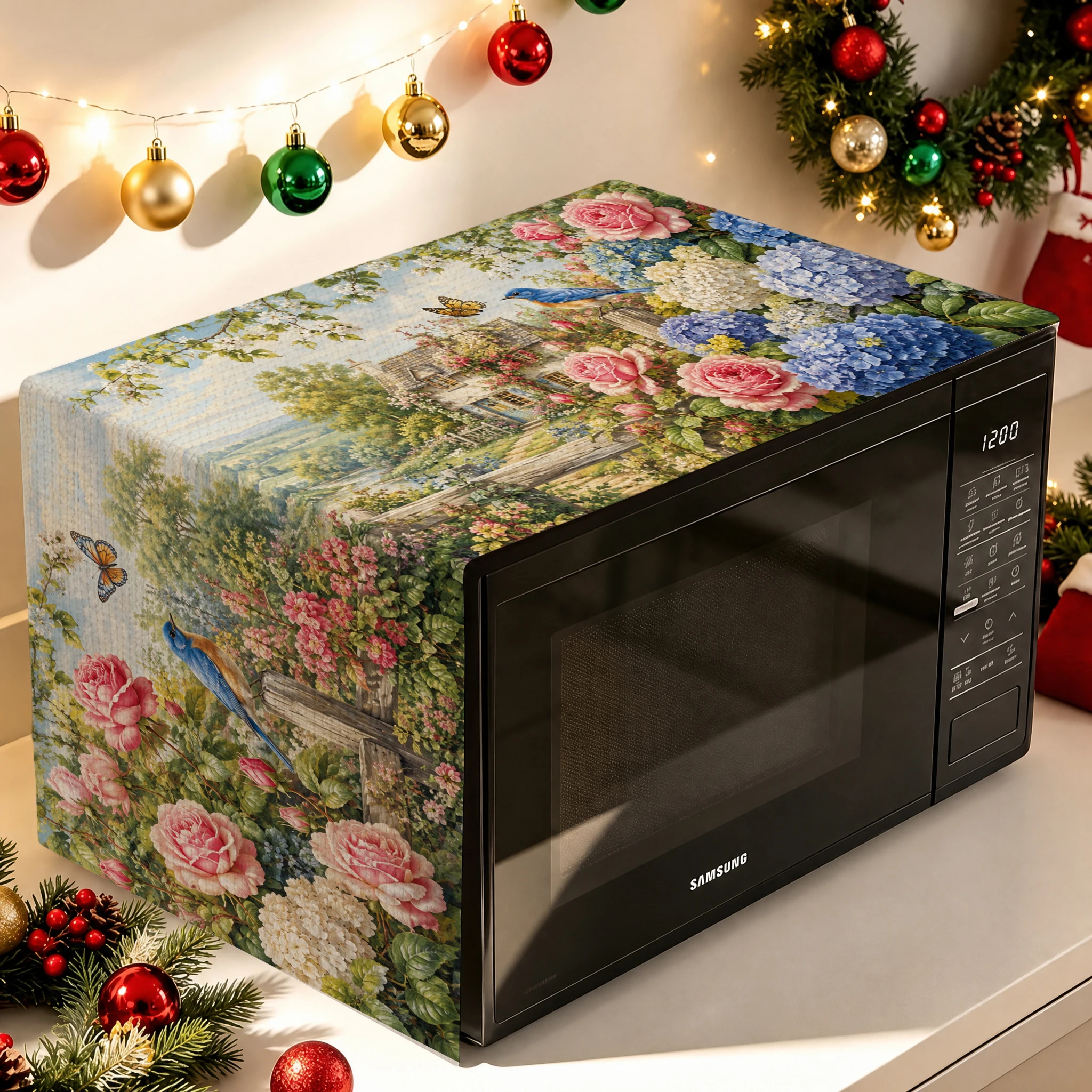 1pcs 1PC Microwave Oven Dust Cover, Tropical Floral Cat Fruit Garden Print Kitchen Appliance Protector for Holiday Home Decor