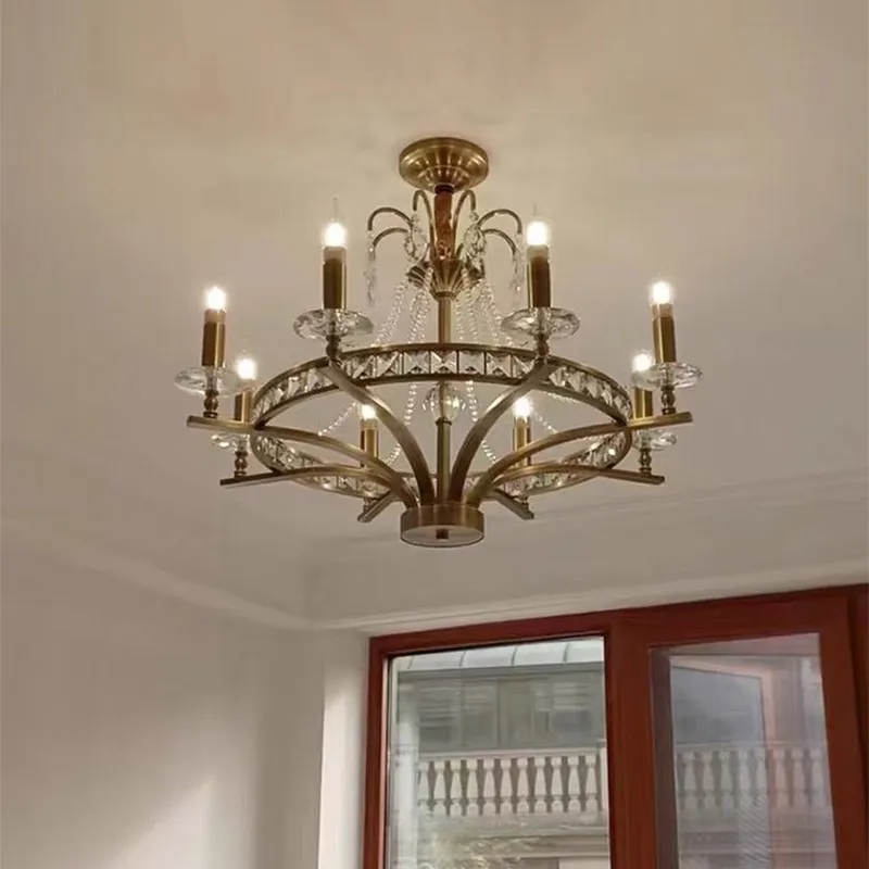 All Copper Simple French Candle Lamp Simple Beauty Living Room Chandelier Duplex Building Light Luxury Crystal Lamp