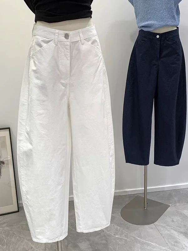 Spodnie damskie z wysokim stanem z bawełny i lnu, krój marchewkowy, nowość na lato 2025, codzienne spodnie z wysokim stanem i szerokimi nogawkami, artystyczny styl do pracy.