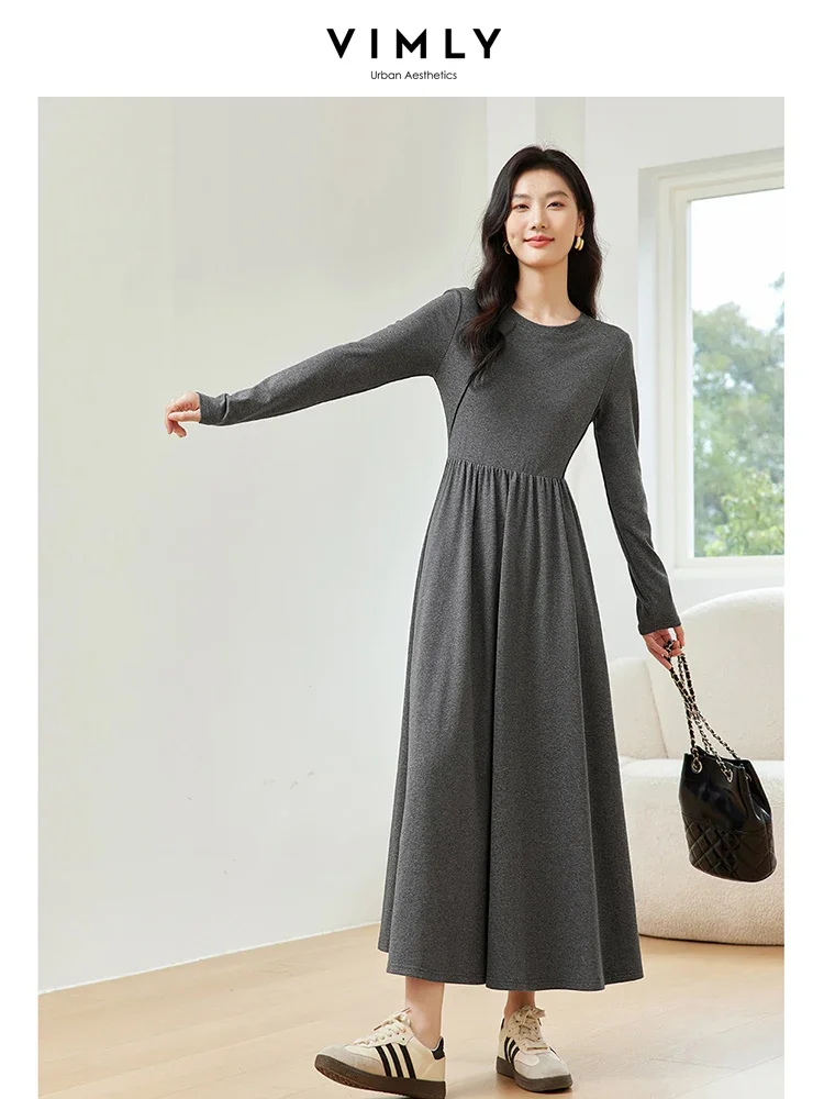 VIMLY Women\'s Casual Commuter Dress Autumn Female Solid Versatile o-Neck Knit Sweater Dress Elegant Knitwear Bottom Long Dress