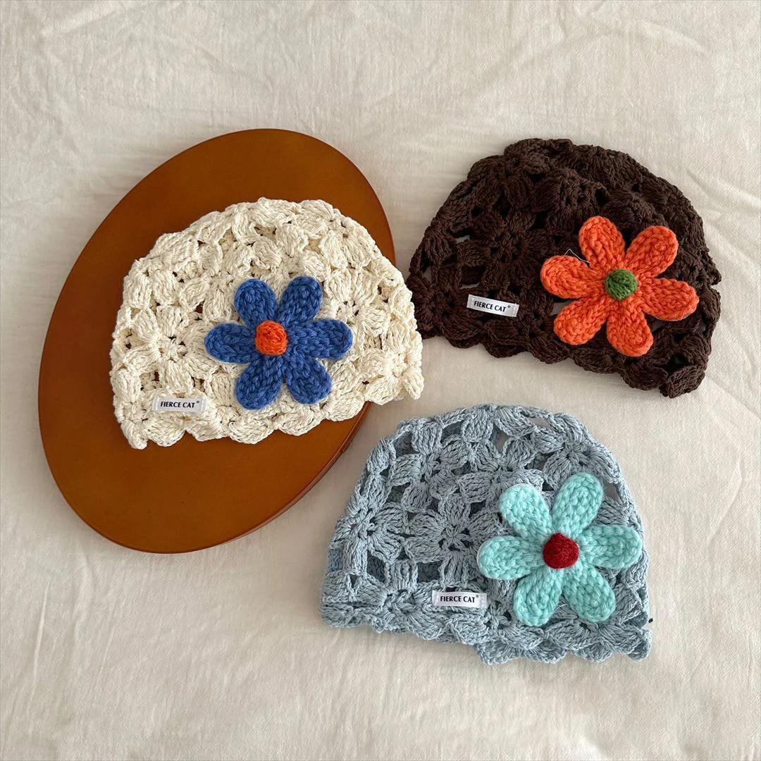Spring Kids Knit Hat 3-6T Sweet Knitted Flower Girls Head Cap Hollowed-out Breathable Children Styling Hat