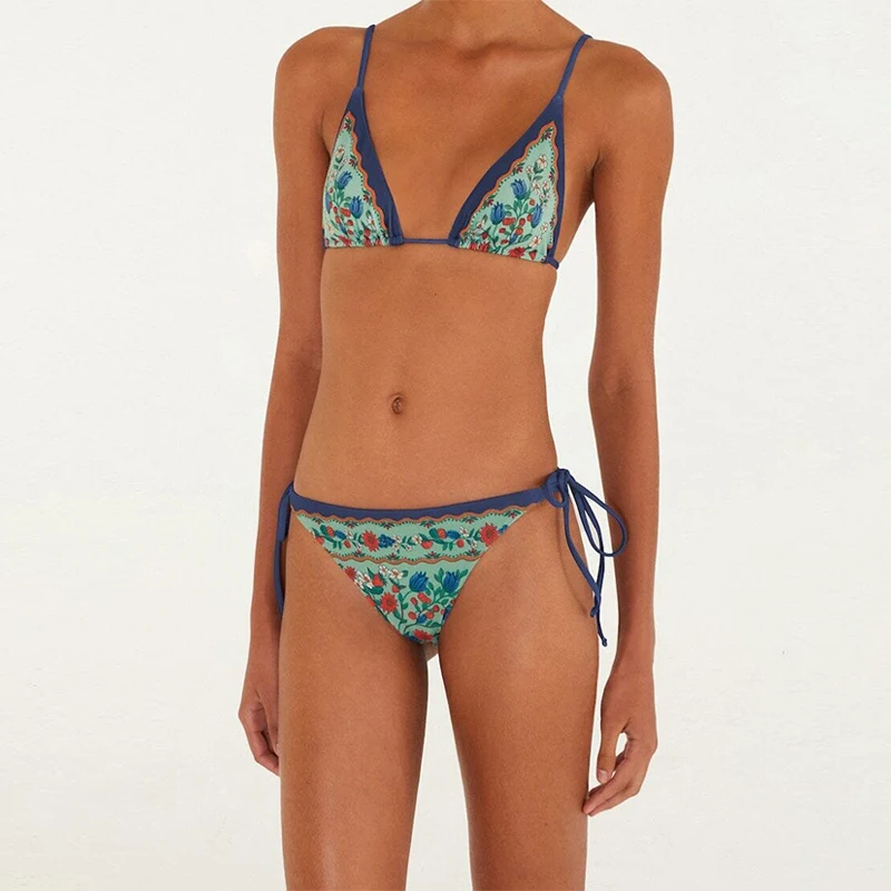 Vintage Floral Triangle Bikini Women's Side Tie Two Piece Swimsuit Boho Contrast Trim Bathing Suit For Summer Beach Vacation