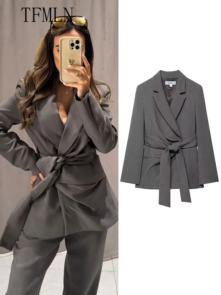 

New Women Blazer Coats With Belt 2025 Autumn Notched Causal Long Sleeve Fashion Chic Jackets Office Lady Solid Outwear Tops