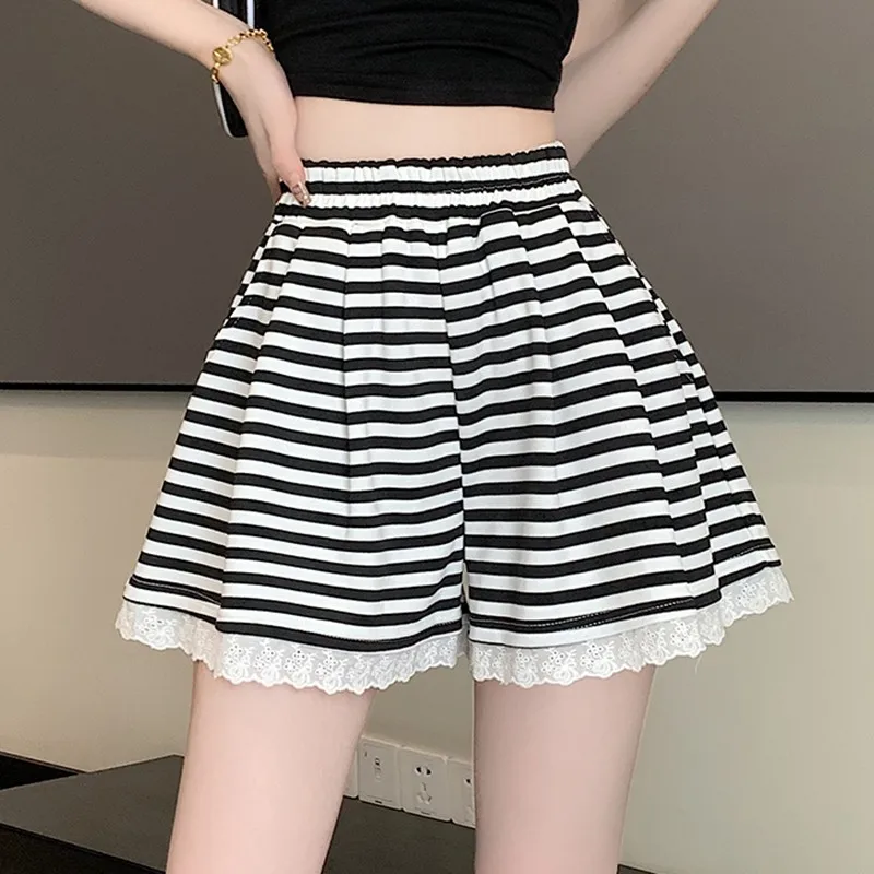 

High Waist Casual Shorts Women New Arrival 2024 Summer Korean Style Vintage Striped Basics Female A-line Short Pants W1790