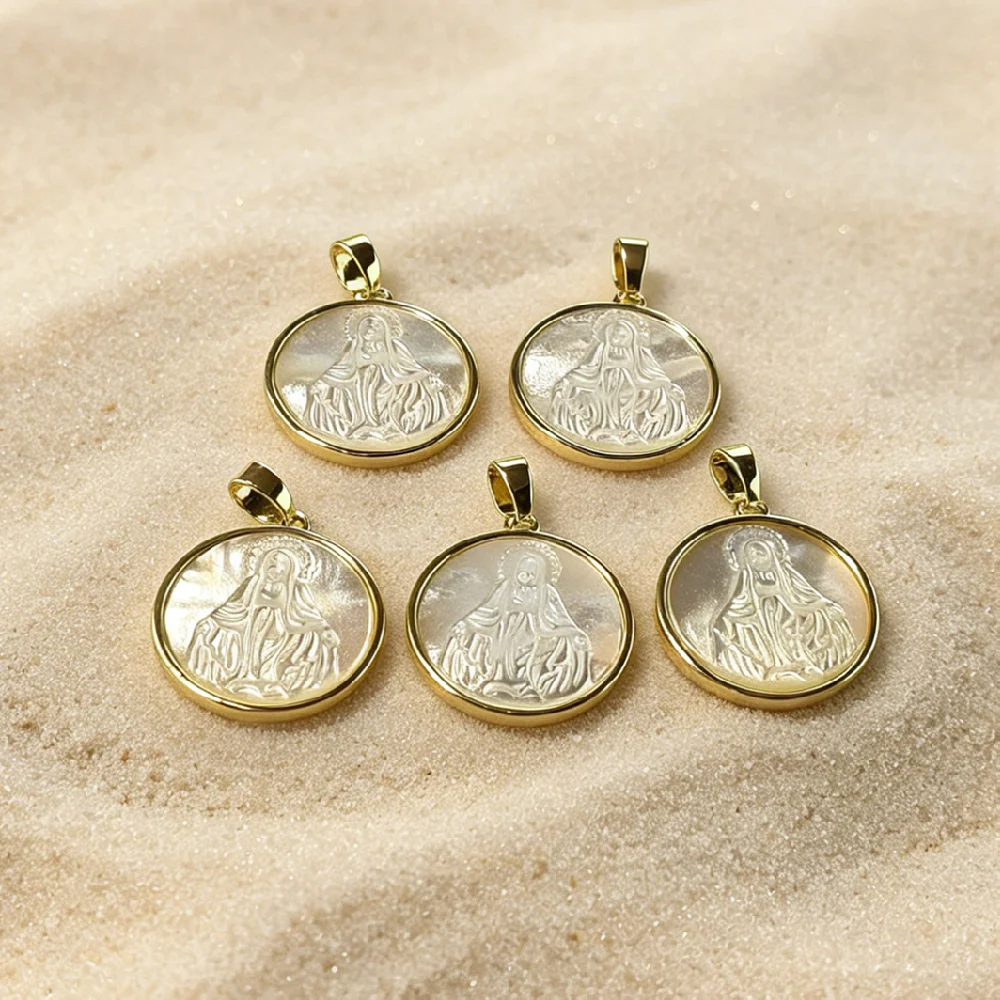 Religious Gold Plated Virgin Mary Mother of Pearl Medal Charms Full Bezel Single Bail Bulk Jewelry Making Findings P2D656