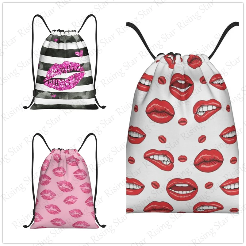 

Striped lips Bicycle Backpack Gym Drawstring Shoe Bag Multifunctional Sports Bag Beach Travel Backpack Unisex Gift