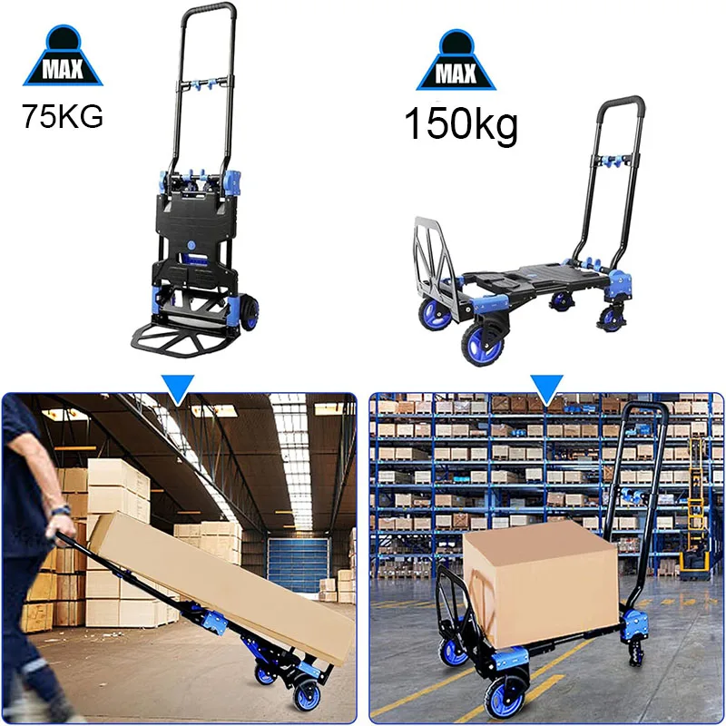 Folding Hand Truck Dolly with Folding Basket, 330LBS Capacity Carts with Wheels 2 in 1 Platform Truck