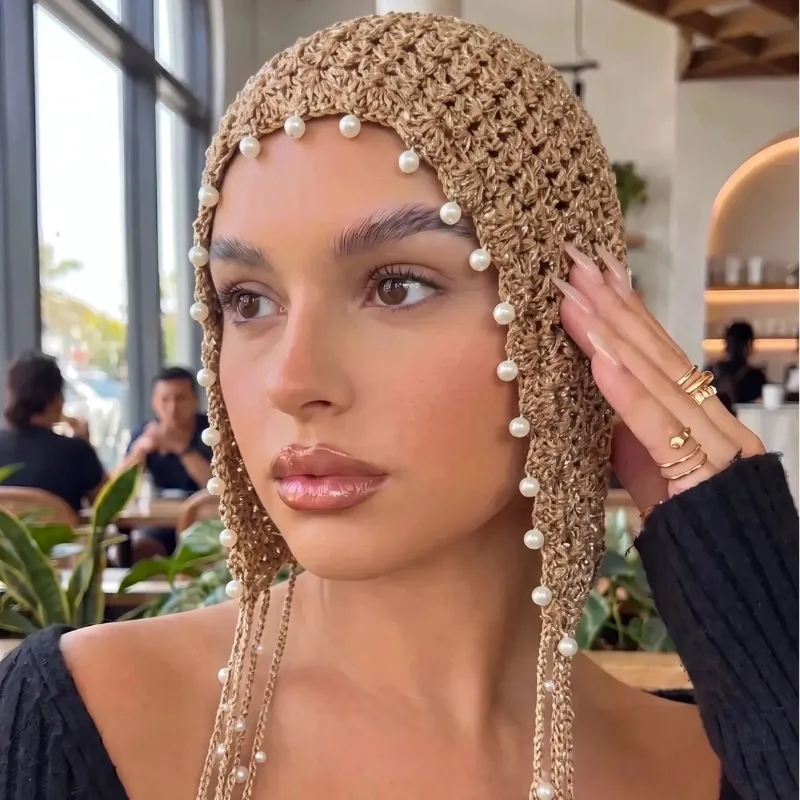 2026 Women's Vintage Ethnic Pearl Sequin Fringe Bohemian Pullover Hollow Knit Hat