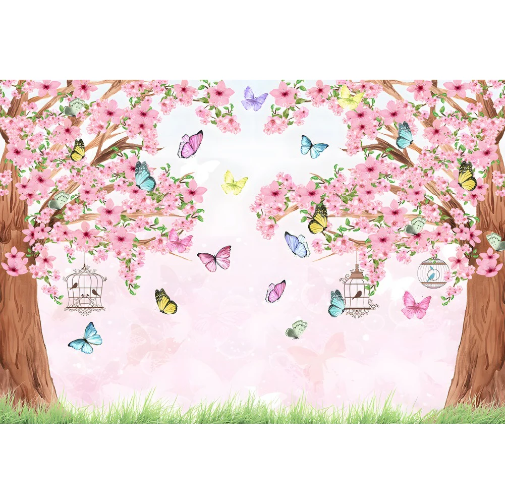 Laeacco Spring Garden Pink Cherry Blossom Green Grass Butterfly Backdrop Baby Shower Birthday Portrait Photography Background