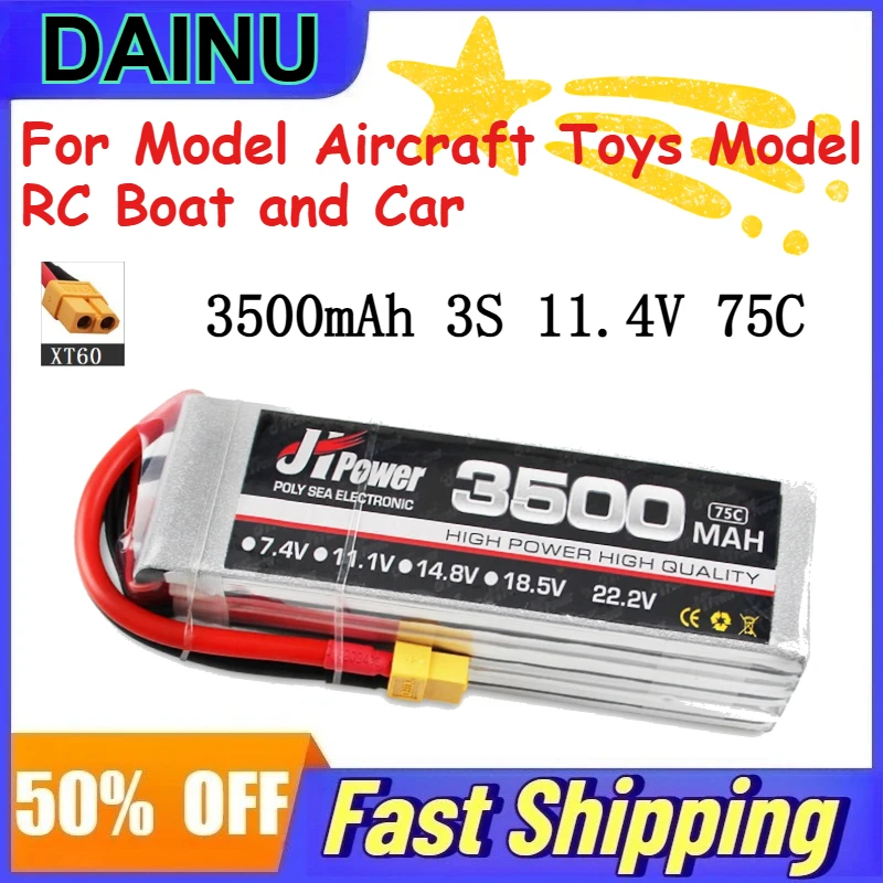 

3500mAh 3S 11.4V 75C LiPo Battery for Model Aircraft RC Boat and Car Toys Model Rechargeable Batteries with XT60 Plug