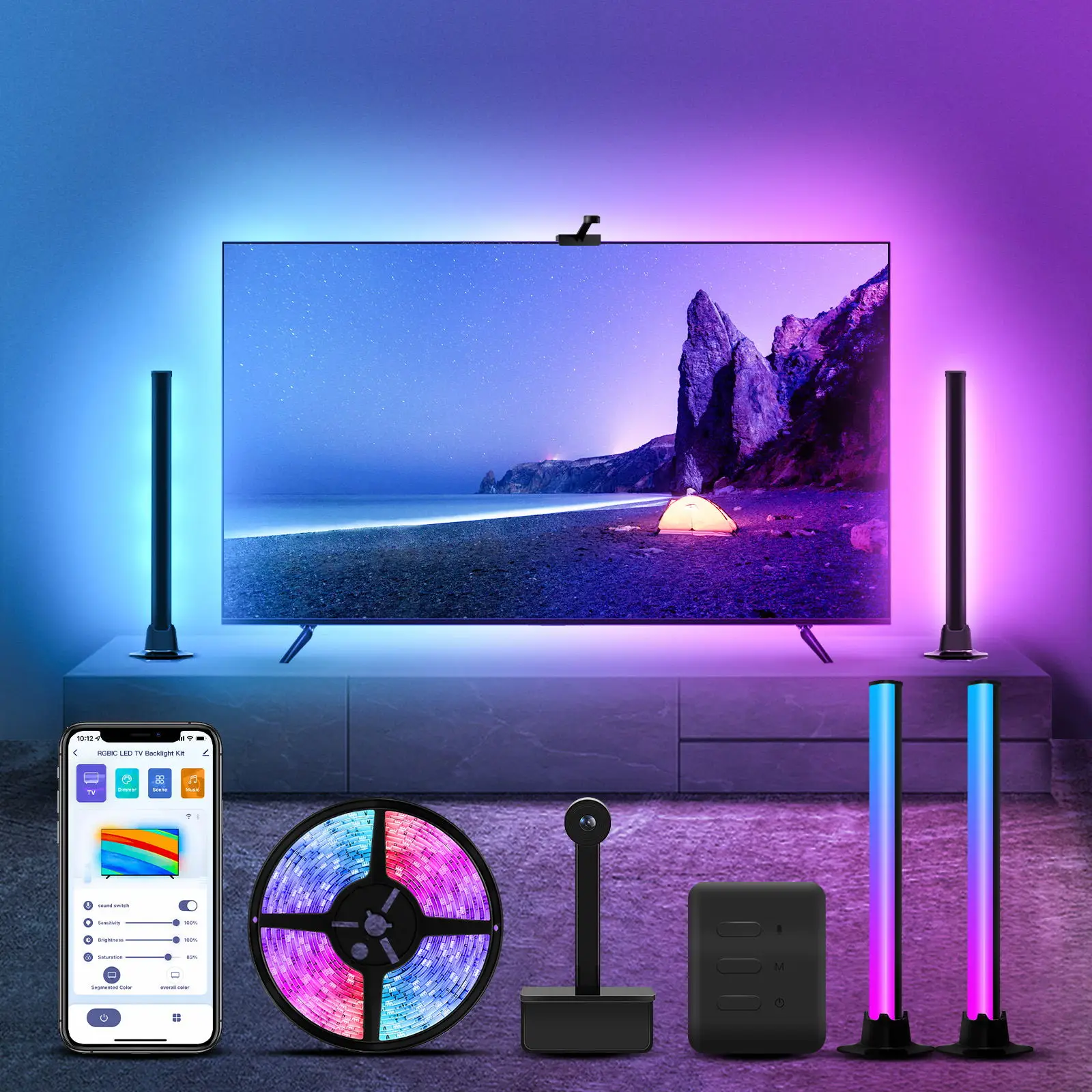LED Wifi Smart TV Backlight Light RGBIC Music Light Bar With Camera Voice Control Alexa Google Home