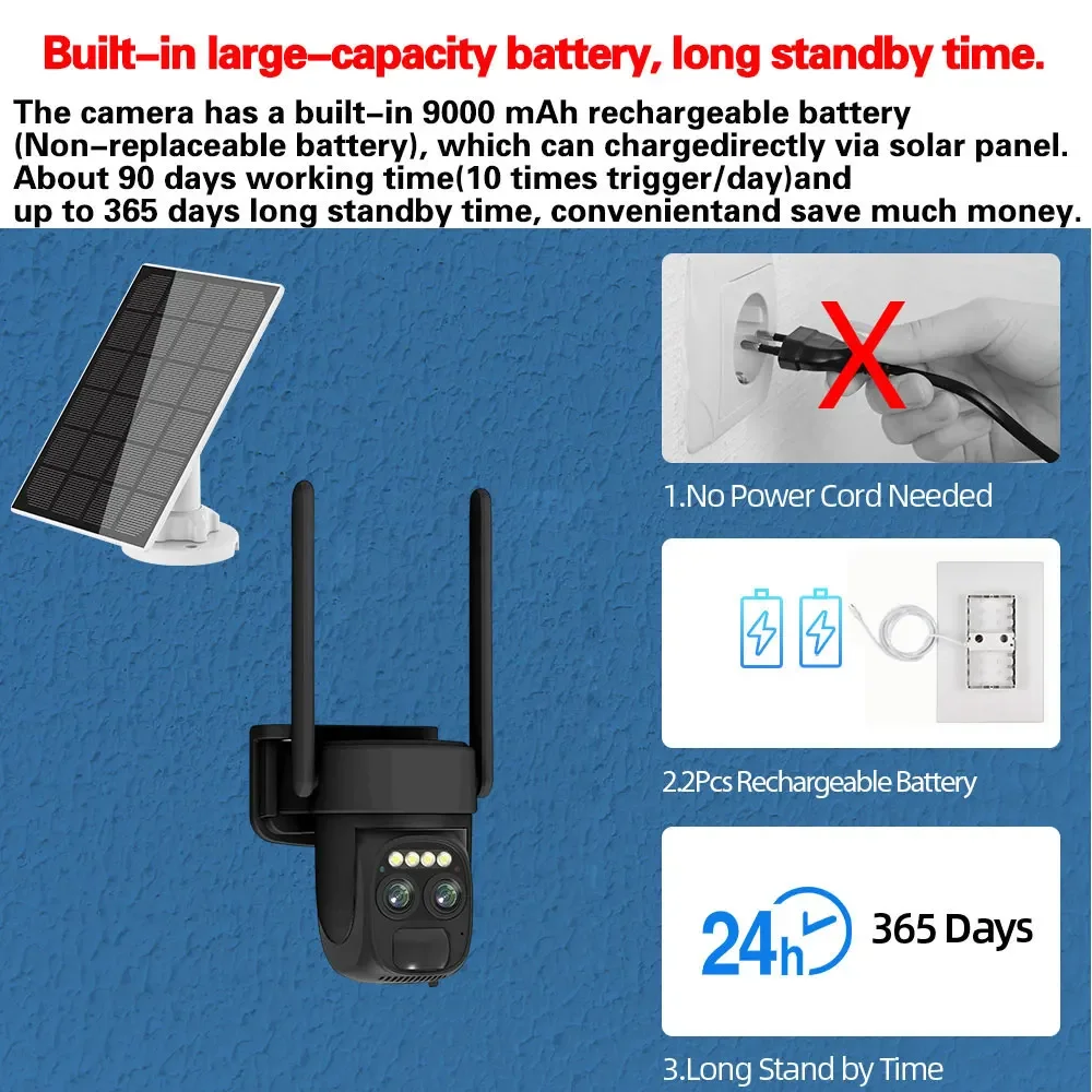Outdoor 4K 8MP Solar WiFi IP Security Camera featuring Dual Lens, 10X Zoom, Auto Tracking, and Battery-Powered Wireless CCTV