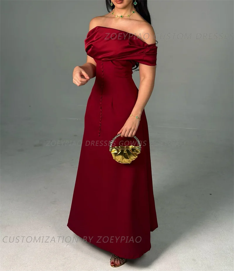 Burgundy Red A Line Satin Night Party Prom Dresses Button Strapless Off Shoulder Short Sleeves Evening Gowns Vestidos femme