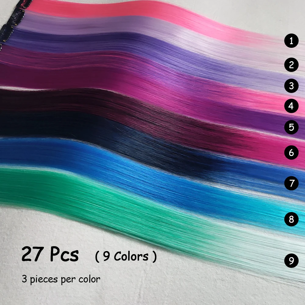 10PC Straight Ombre Colored Clip In Hair One Piece Long Synthetic Rainbow 22Inch Party Highlight Extensions For Women Kids Girls