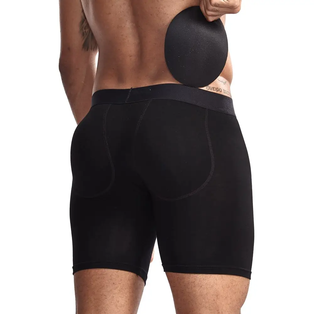 jockmail Long boxer men underwear Men's Butt-Enhancing Padded Trunk Removable Pad of Butt Lifter and Enlarge Package Pouch Black