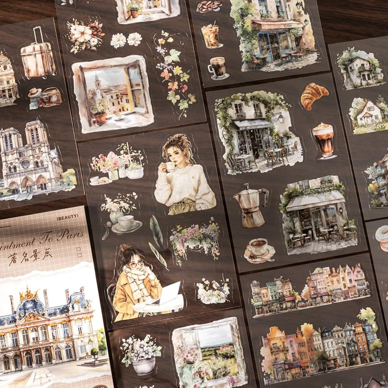 18 Sheets/Bag Sticker Book Characters Paris Attractions Stickers - Handbook Stationery For DIY Handmade & Scrapbook Diary