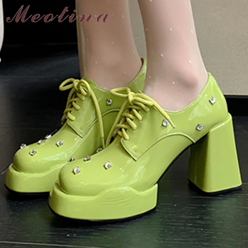 

Meotina Women Genuine Leather Pumps Round Toe Thick High Heels Platform Lace-up Crystal Ladies Fashion Shoes Spring Autumn Green