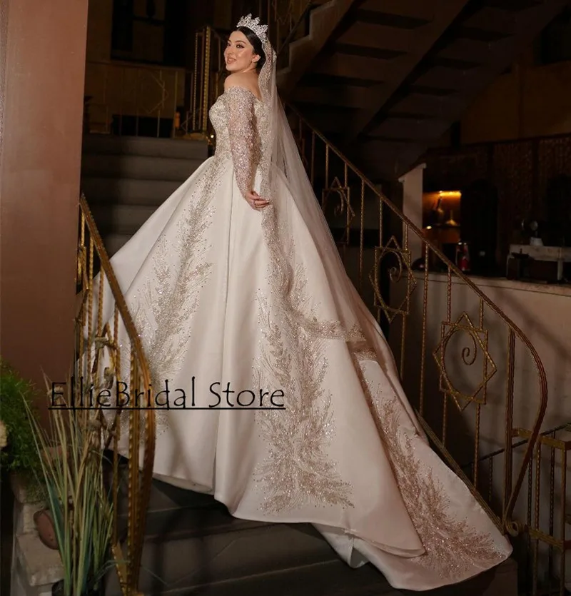 Impresionantes vestidos de novia para mujer, vestidos de novia Vintage de Dubái con cuentas de lentejuelas, vestido de novia de manga larga personalizado 2024