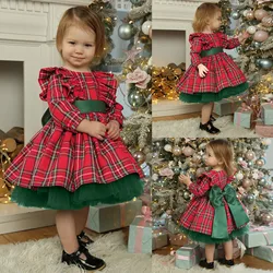 2024 Baby Girls Christmas Dresses Cute Red Plaid Skirts Back Big Bow Knot Party Ball Gown New Year Costume For Children Girls