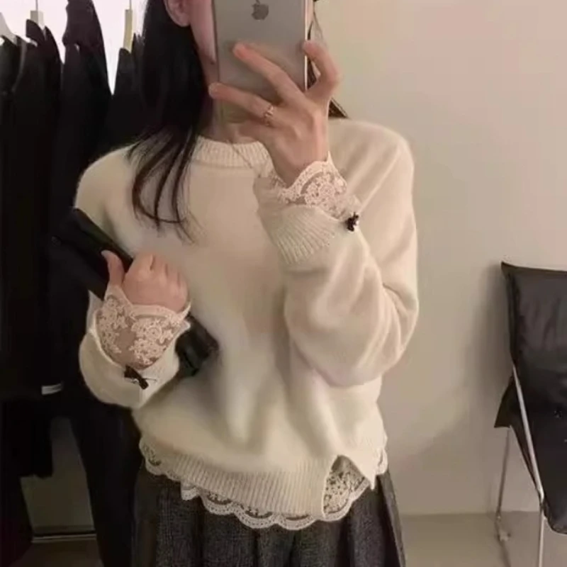 

2025 Winter Autumn Women Long Sleeve O-neck Warm Sweater Fashion Elegant Loose Lace Knitted Top White Pullover Knitwear