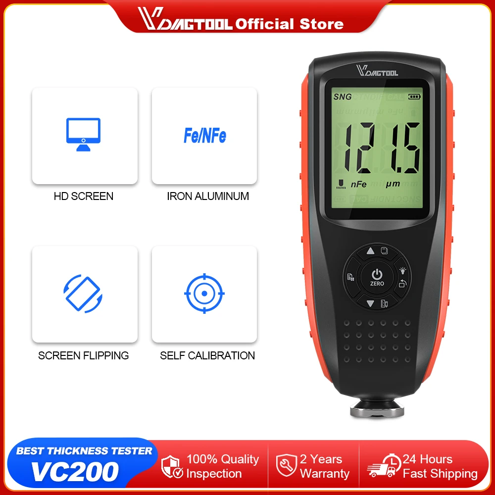 VDIAGTOOL VC200 Car Paint Thickness Tester FE/NFE Coating Thickness Gauge LCD Backlight Paint Tester Self-Calibration USB Charge