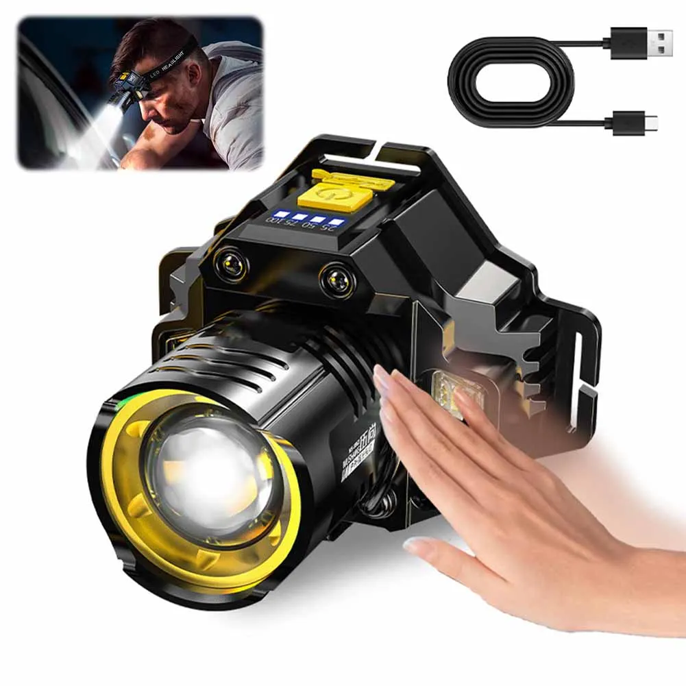 Motion Sensor Headlight Zoomable USB Rechargeable Headlight 5 Lighting Modes Camping Flashlight for Repairing Running