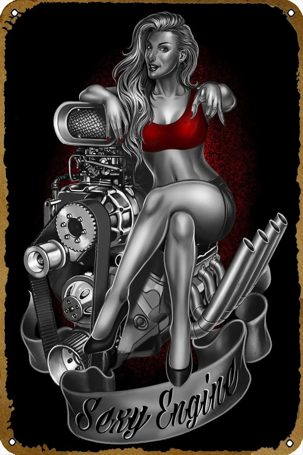 Sexy Engine Retro Car Metal Tin Sign Posters Wall Decor 12X8-Inch 8inchx12inch