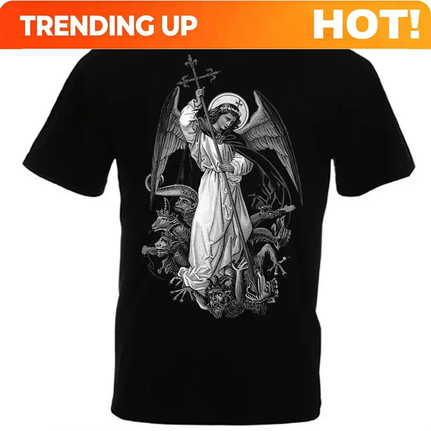 Customization Saint Michael The Archangel Destroy Devil Catolic T-Shirt Premium Short Sleeve O Neck Mens T Shirt New Loose Summe