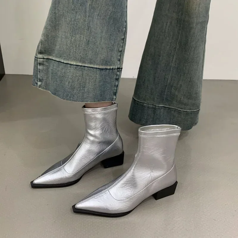 Pointed Toe Women Slim Ankle Boots Fashion Square Low Heel Ladies Elegant Back Zippers Short Booties Women\'s Footwear