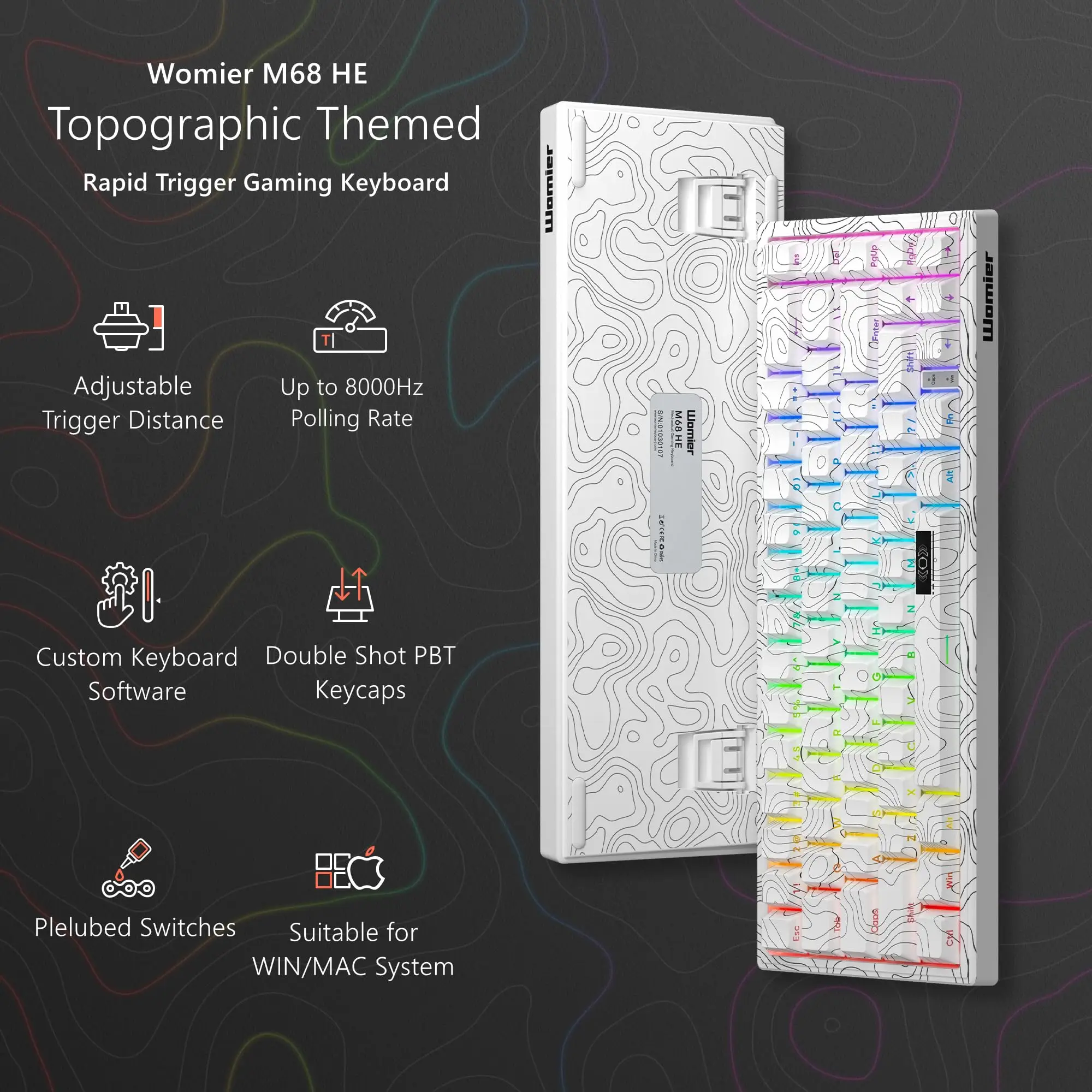 

Womier White M68 HE 65% Rapid Trigger Gamer Mechanical Keyboard TOPOGRAPHIC THEMED HALL EFFECT RGB Wired Gasket Mounted Keyboard