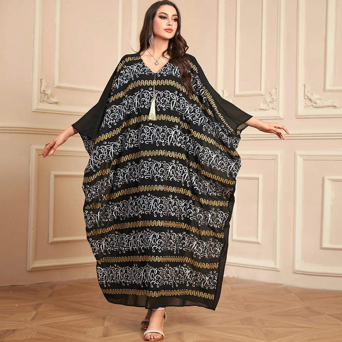 Robe musulmane brodée à pampilles pour femmes, Abayas du Ramadan, Djellaba de l'Aïd, Manches chauve-souris, Kaftan de Turquie, Robe arabe, Caftan marocain