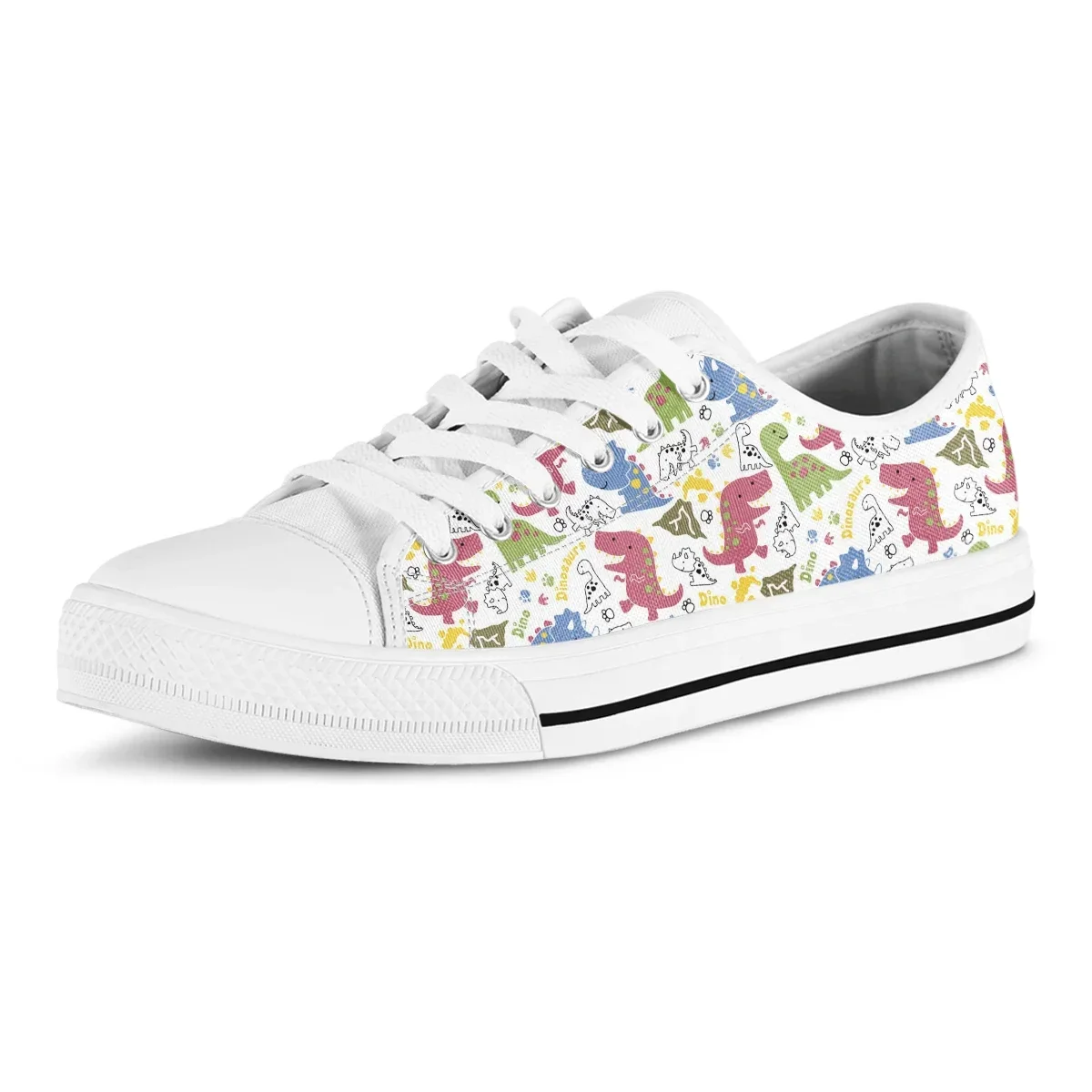 New Cute Cartoon Dinosaur Floral Pattern Women Comfortable Canvas Flats Vulcanized Lace-up Sneakers Ladies Casual Shoes