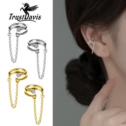 TrustDavis Real 925 Sterling Silver Double Layer Shiny CZ Chain Clip Earrings For Women Wedding Valentine's Day Jewelry DA2395