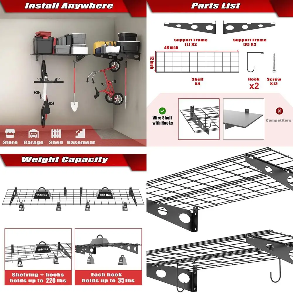

Сверхмощные гаражные настенные полки, 2 предмета, 4 фута x 48 дюймов, черные, вмещает 220 фунтов
