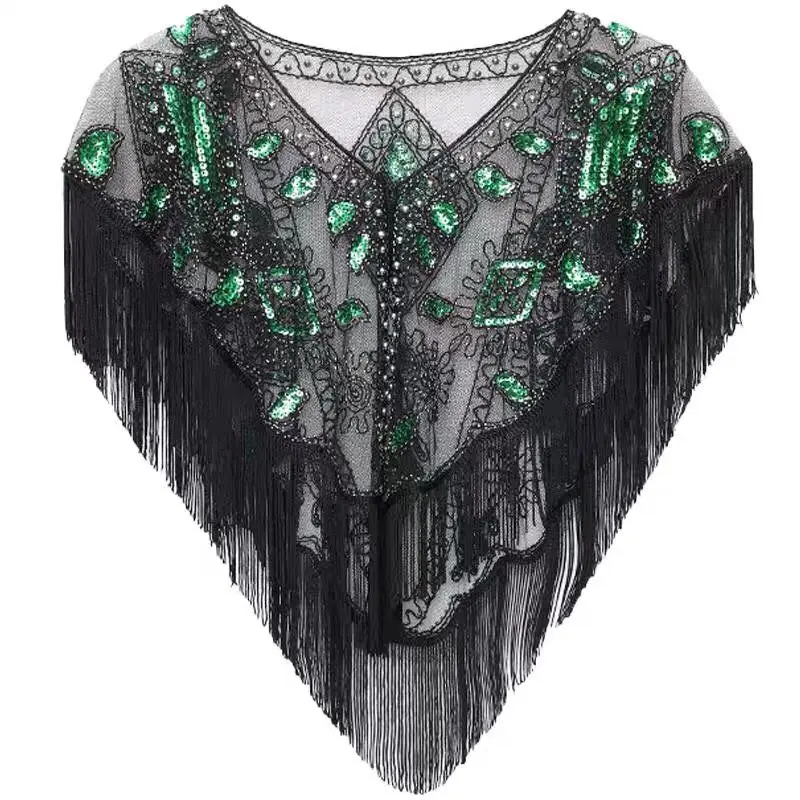 Women\'s Summer Thin Handmade Crochet Lace Mesh Vintage 1920s Flapper Shawl Sequin Fringe Gatsby Evening Bolero Cape 3925