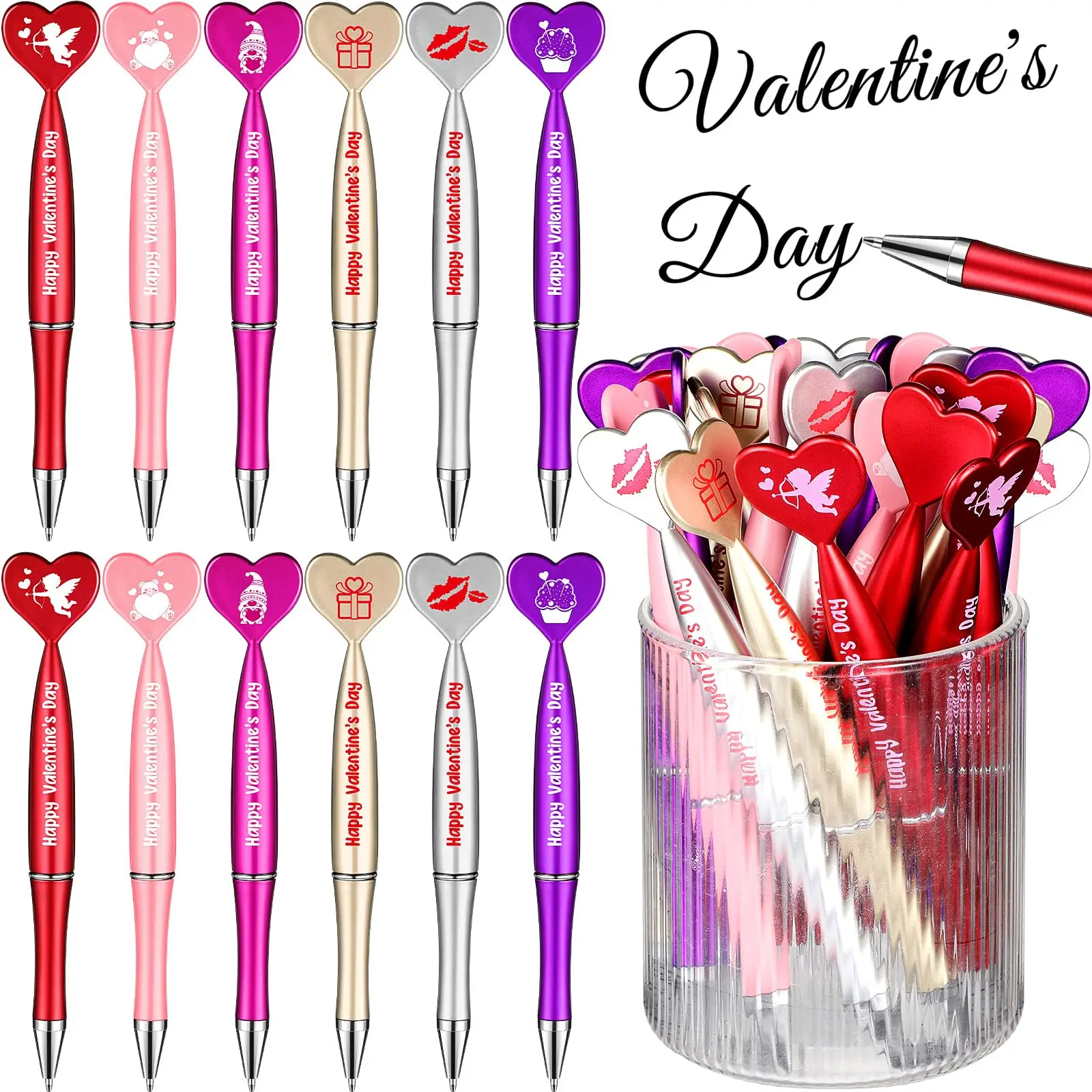 60Pcs Valentine\'s Day Heart Shape Pens Black Gel Ink Rollerball Pens for Office School Supplies Birthday Presents ballpoint pen