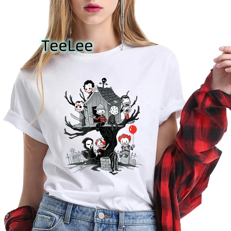 Women T-shirt Horror Friends Harajuku Shirts for Women Casual Short Sleeve Fashion Coffee 90s Anime Tshirt Summer Top Tees